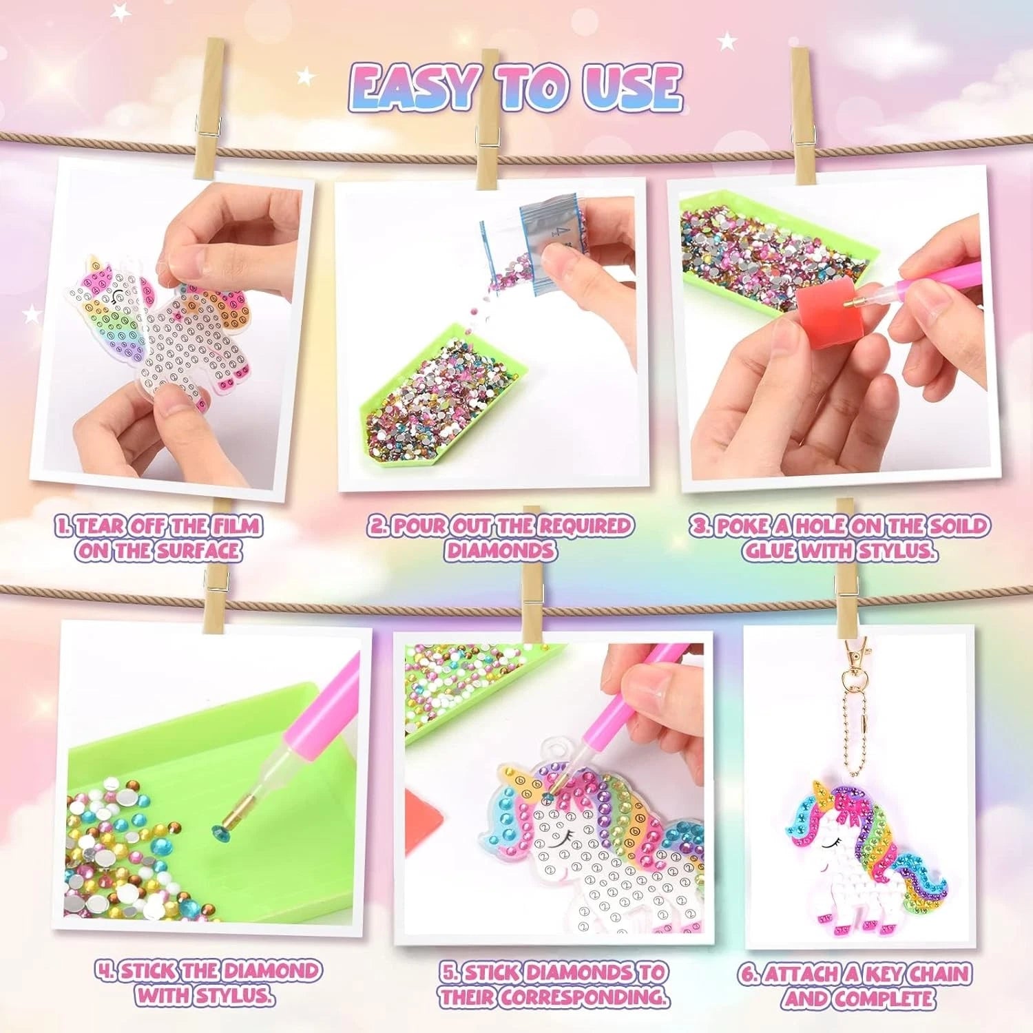 5 PCS DIY Arts Crafts Diamond Painting Kit for Kids | Gem Art Keychains